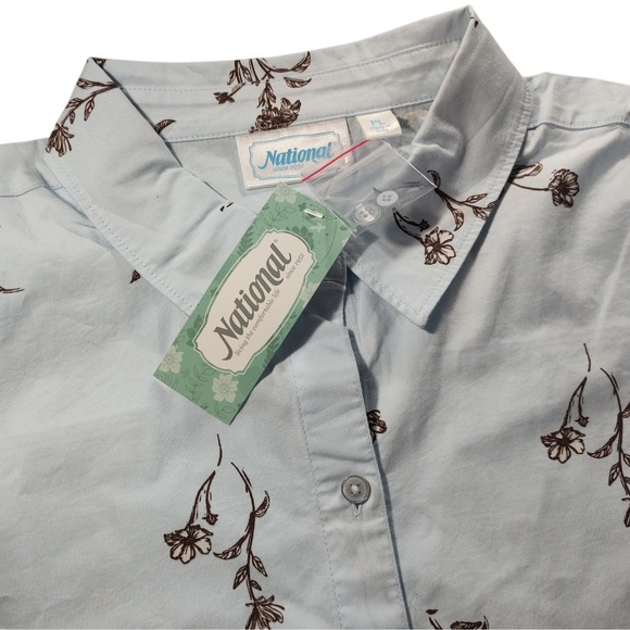 New National Button Up Blouse Top Blue Brown Floral Stretch Womens Petite Large - Picture 4 of 11